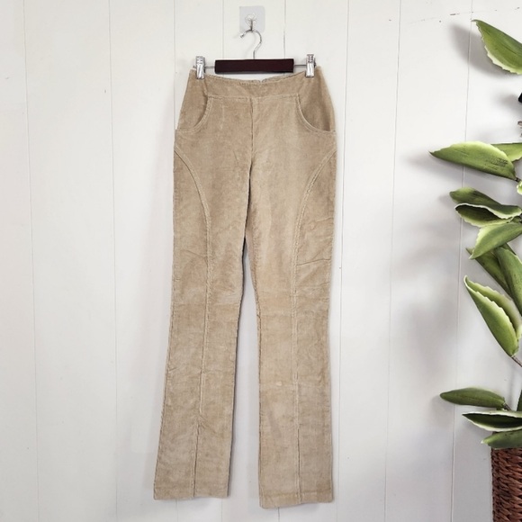 Vintage Y2K Low Rise Corduroy Pants Flare Beige 2000s Featival Boho Bohemian - Picture 1 of 6